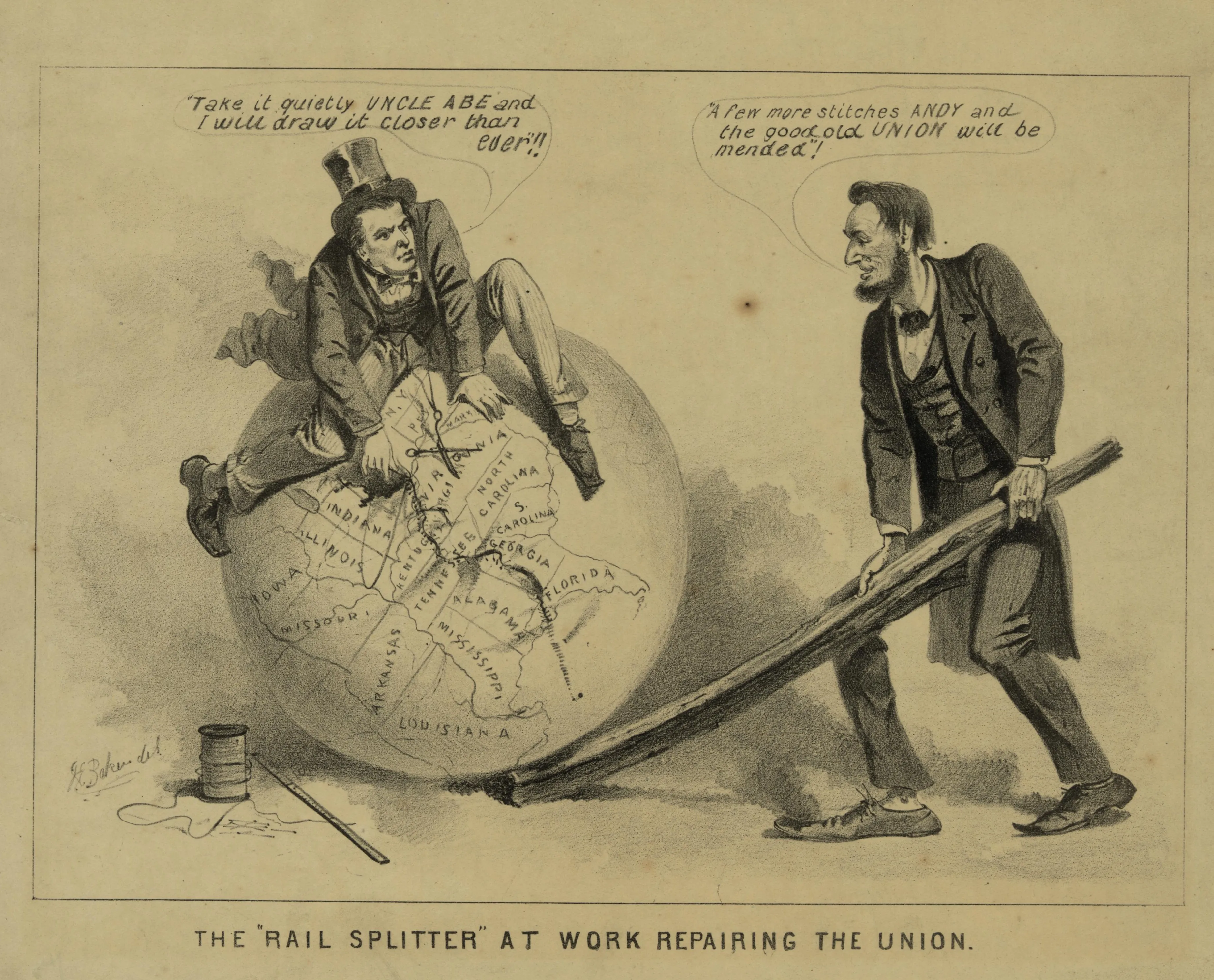 editorial cartoon depicting Lincoln attempting to repair the Union