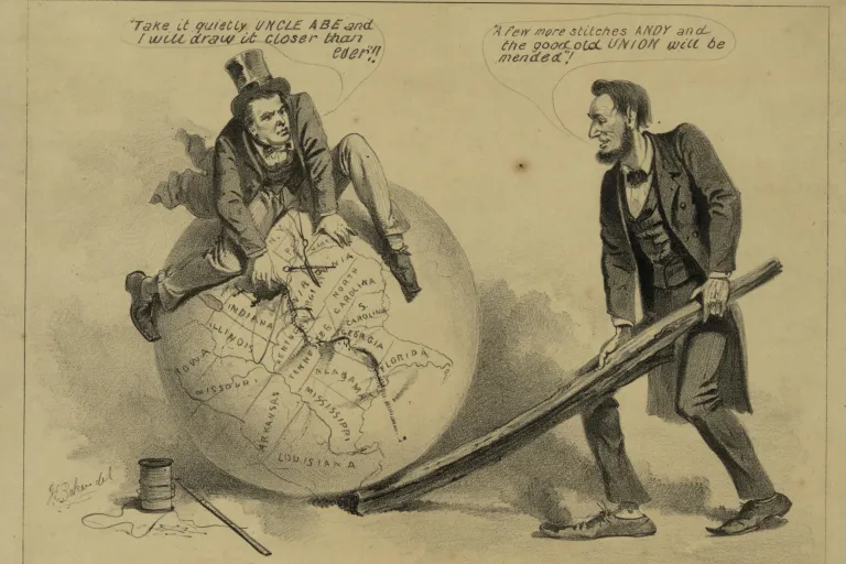 editorial cartoon depicting Lincoln attempting to repair the Union